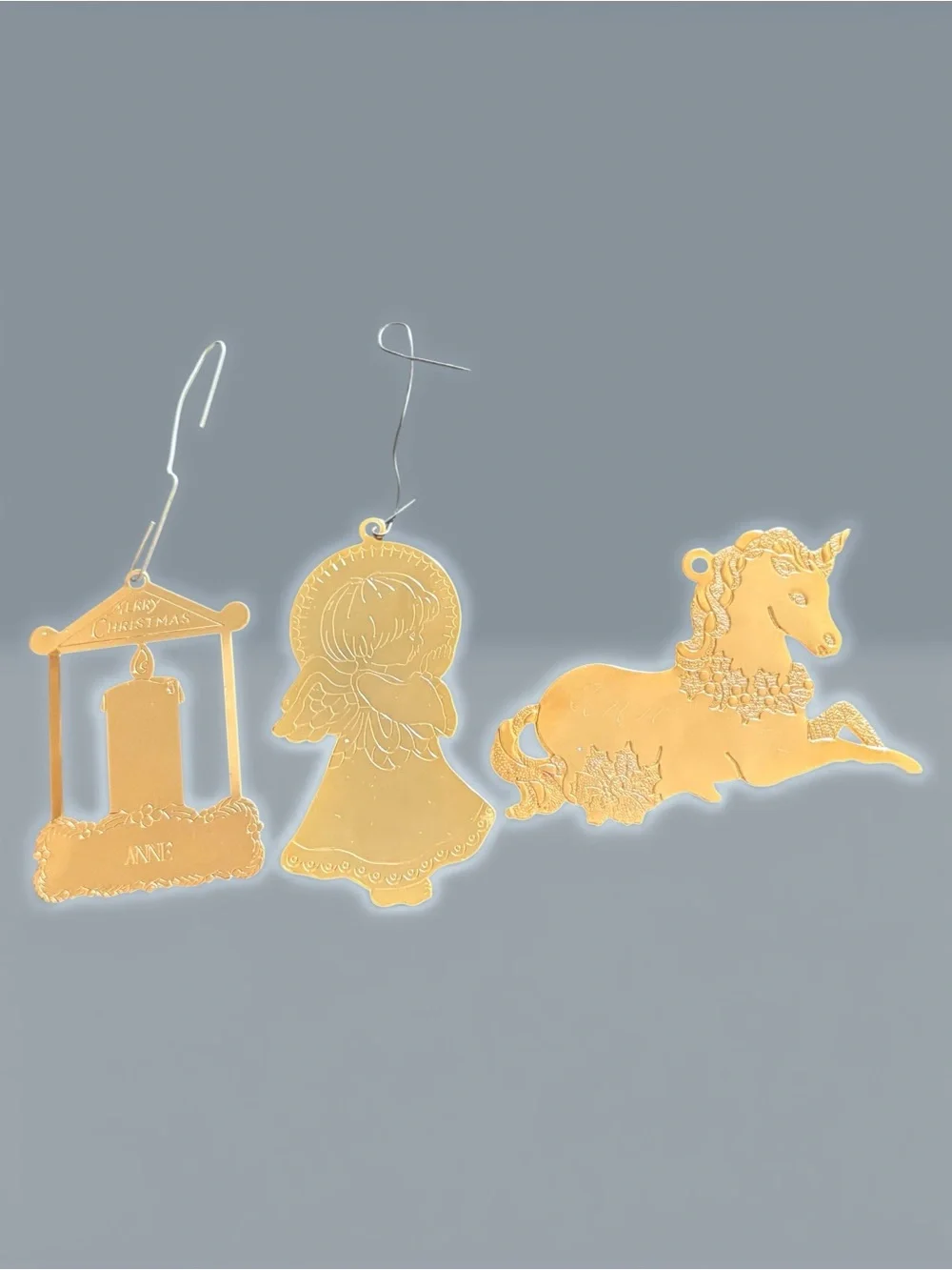 VTG Flat Brass Metal Ornament Holiday Lot Of 3 Christmas Angel Unicorn & Candle